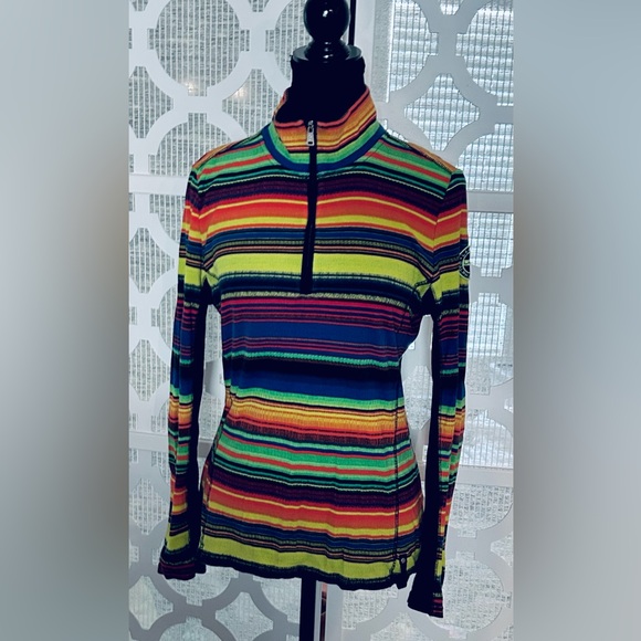 RALPH LAUREN Active Multicolor Striped Top Zip Logo Orange Yellow Blue Medium - Picture 12 of 15